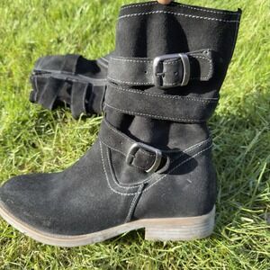 ROAN by Bed Stu Women's 9 Black Suede Leather Moto Boots Buckle Mid-Calf Zip